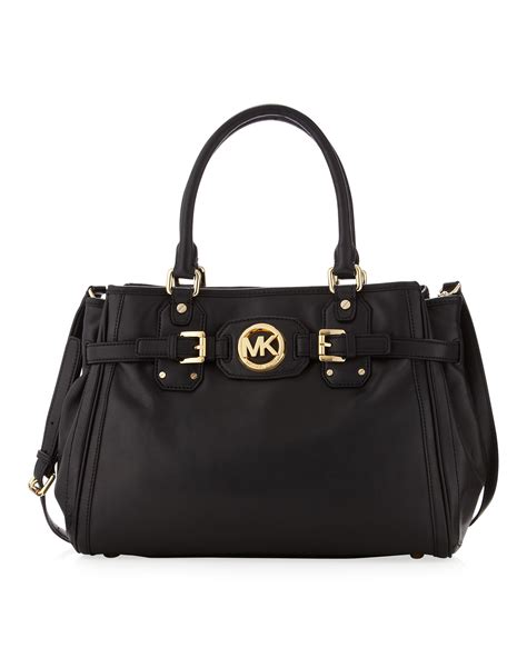 michael kors hudson black leather tote handbag|Michael Kors black canvas tote.